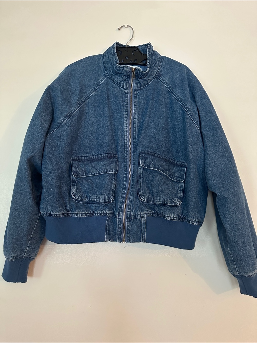 Classic Blue Denim Bomber Jacket - Blue